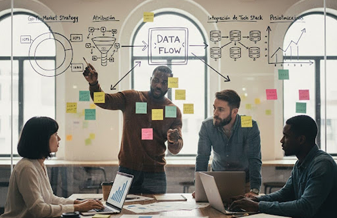 Equipo estratégico analizando un diagrama de flujo de datos (Data Flow) y estrategias de Go-To-Market en una pizarra de cristal para optimización de operaciones B2B.