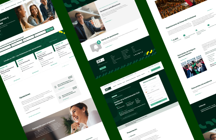 Composición en perspectiva de varias interfaces de una plataforma web educativa, mostrando el diseño de producto digital, formularios de usuario y arquitectura de información.
